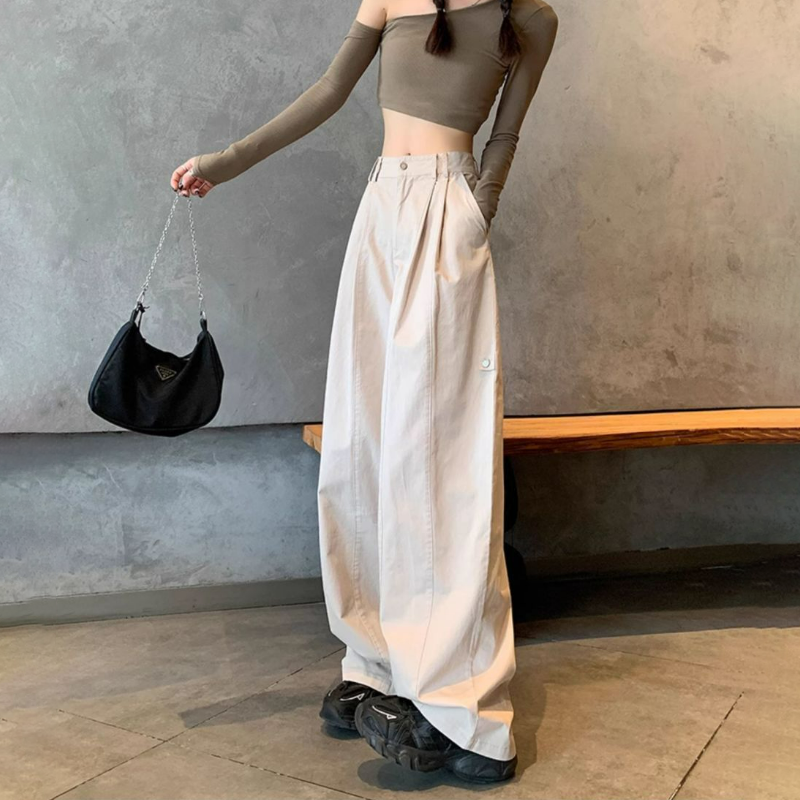 美式高腰顯瘦寬鬆休閒運動工裝闊腿褲-lululam