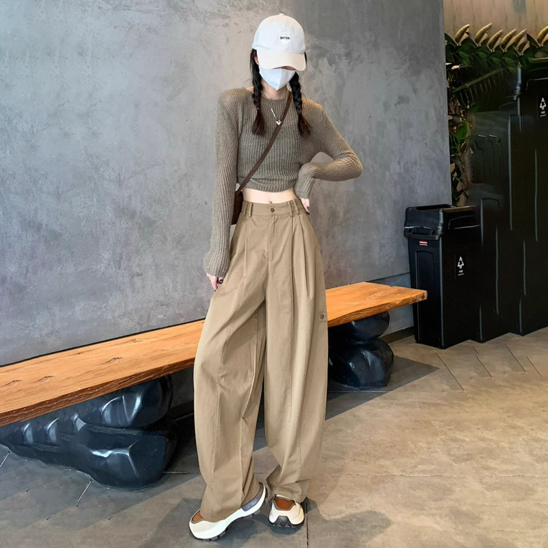 美式高腰顯瘦寬鬆休閒運動工裝闊腿褲-lululam