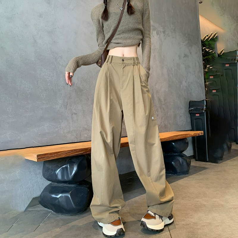 美式高腰顯瘦寬鬆休閒運動工裝闊腿褲-lululam