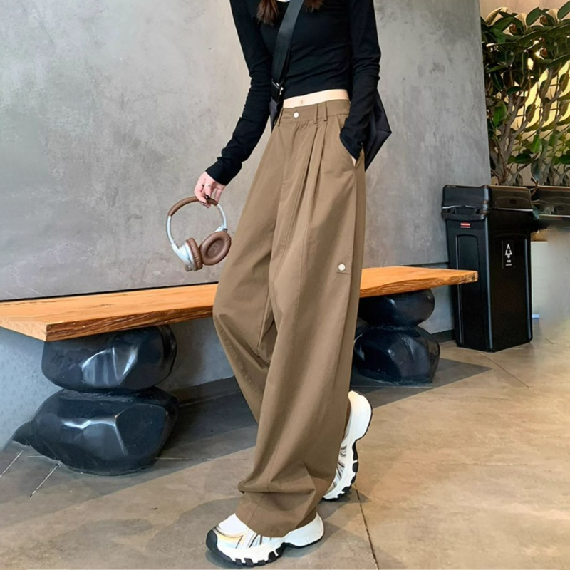 美式高腰顯瘦寬鬆休閒運動工裝闊腿褲-lululam