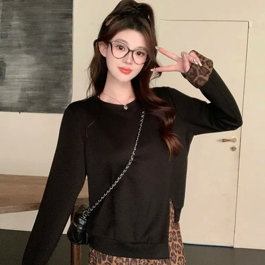 【單件/套裝】大碼不規則長袖T恤+顯瘦半身裙兩件套裝-lululam