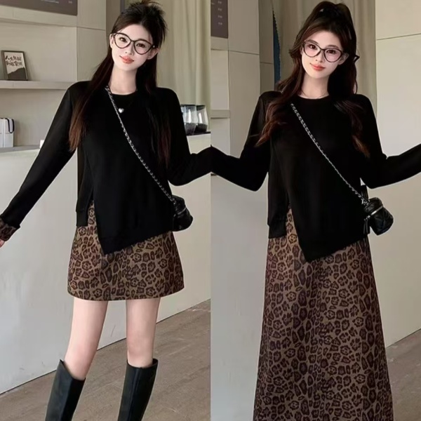 【單件/套裝】大碼不規則長袖T恤+顯瘦半身裙兩件套裝-lululam