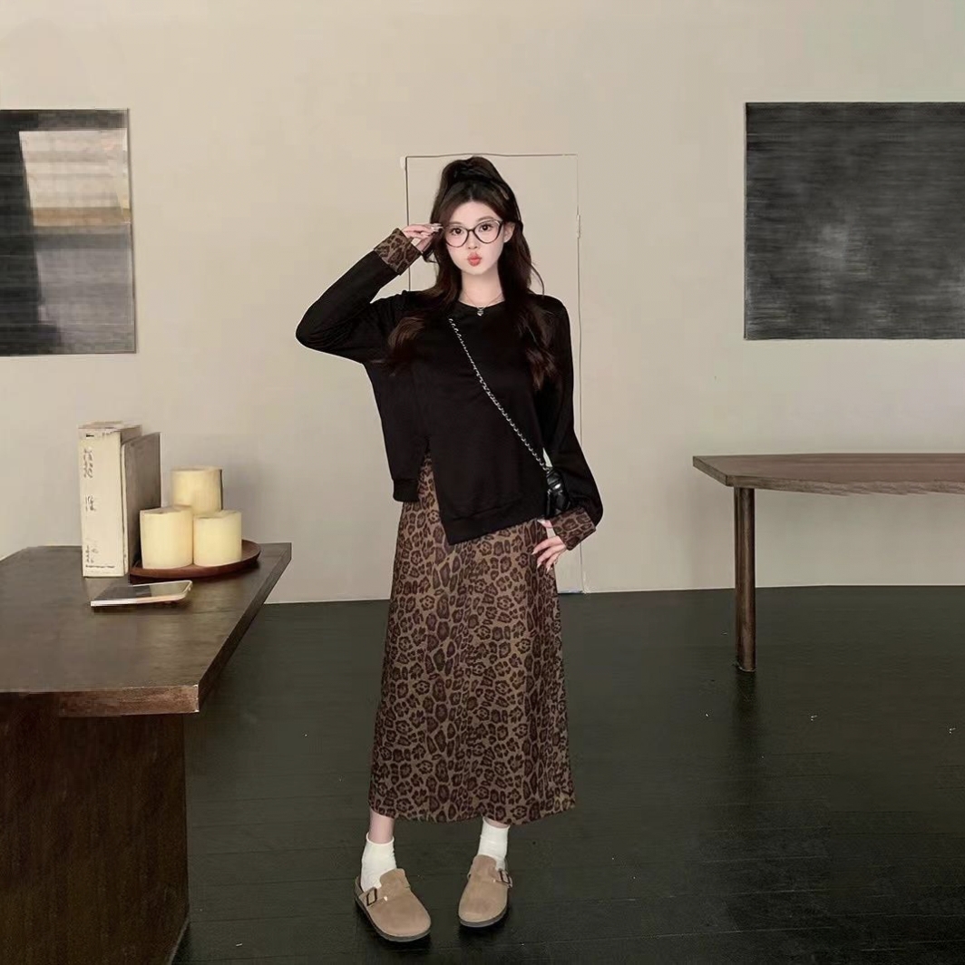 【單件/套裝】大碼不規則長袖T恤+顯瘦半身裙兩件套裝-lululam