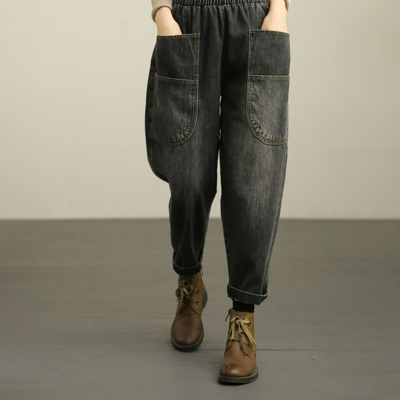 復古做舊高腰大碼鬆緊腰九分哈倫牛仔褲-lululam