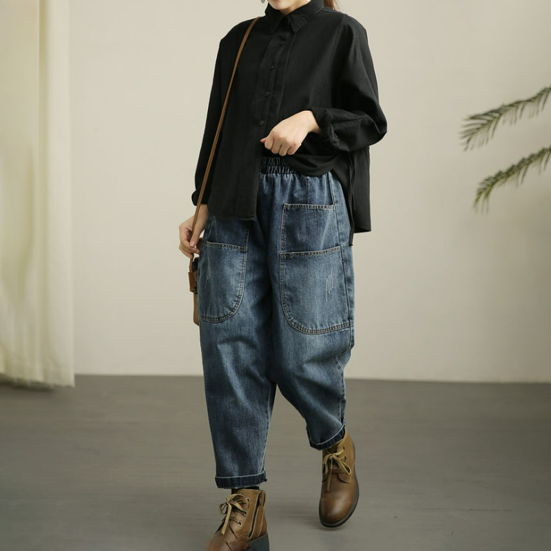 復古做舊高腰大碼鬆緊腰九分哈倫牛仔褲-lululam