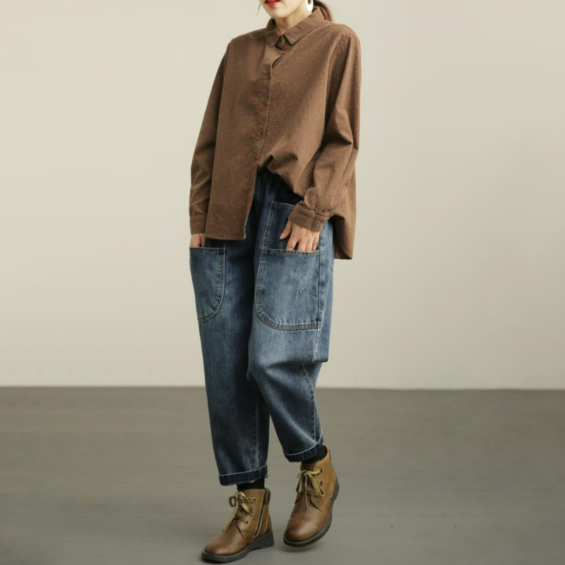 復古做舊高腰大碼鬆緊腰九分哈倫牛仔褲-lululam