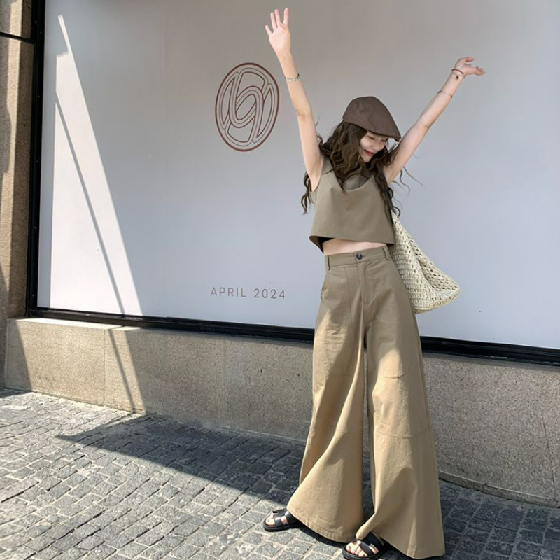 【單件/套裝】極簡設計兩穿無袖背心+寬鬆闊腿褲兩件套裝-lululam