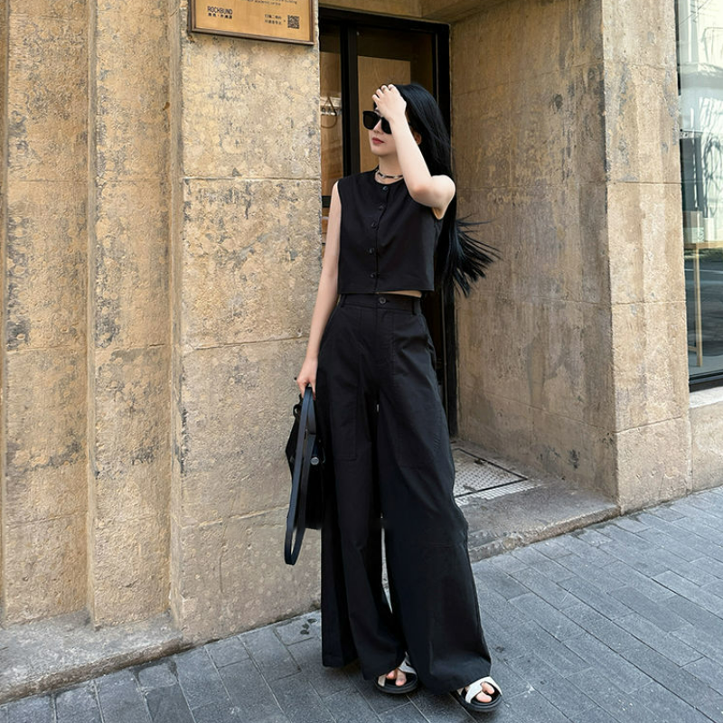 【單件/套裝】極簡設計兩穿無袖背心+寬鬆闊腿褲兩件套裝-lululam