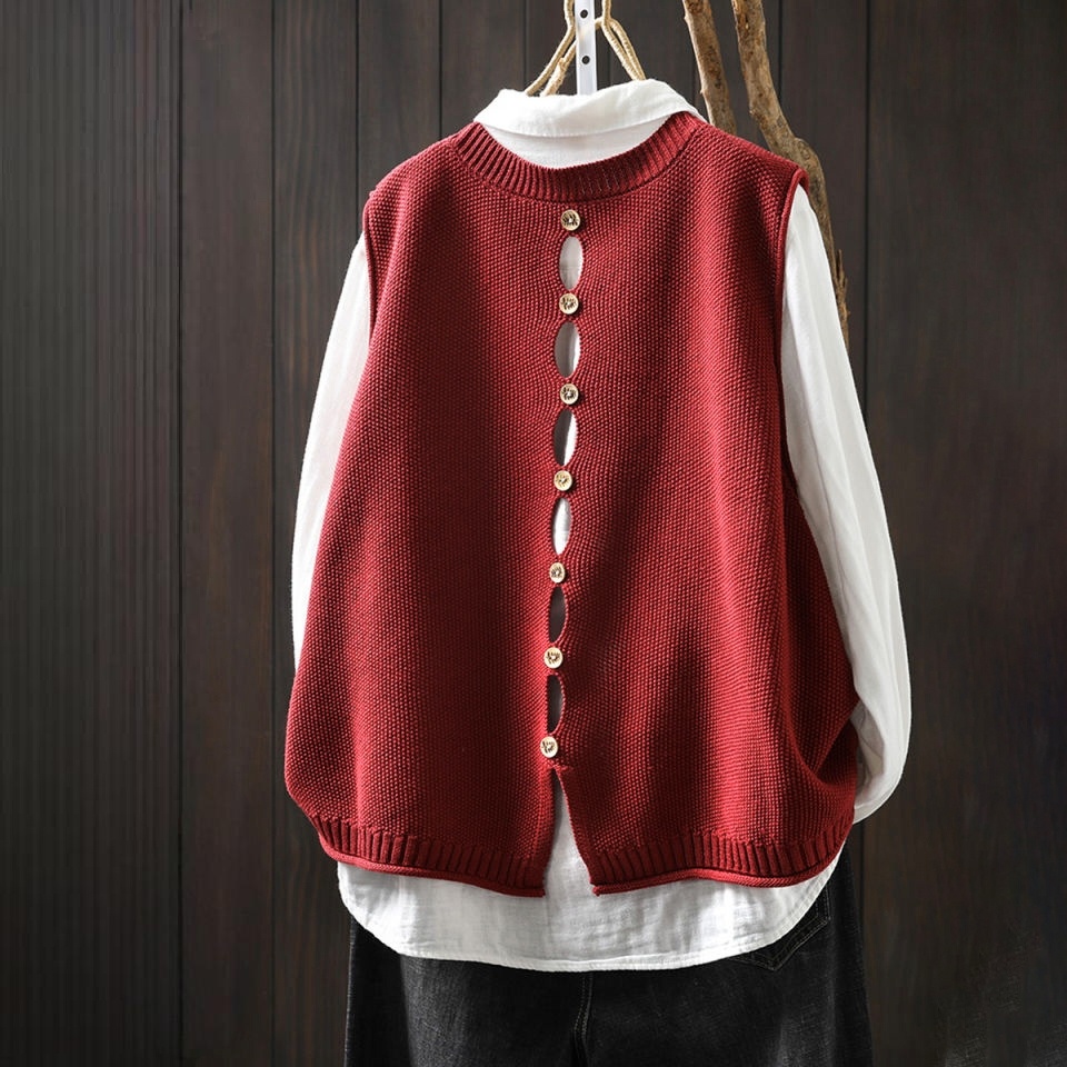 【單件/套裝】後背紐扣針織馬甲+寬鬆百搭襯衫疊穿兩件套裝-lululam