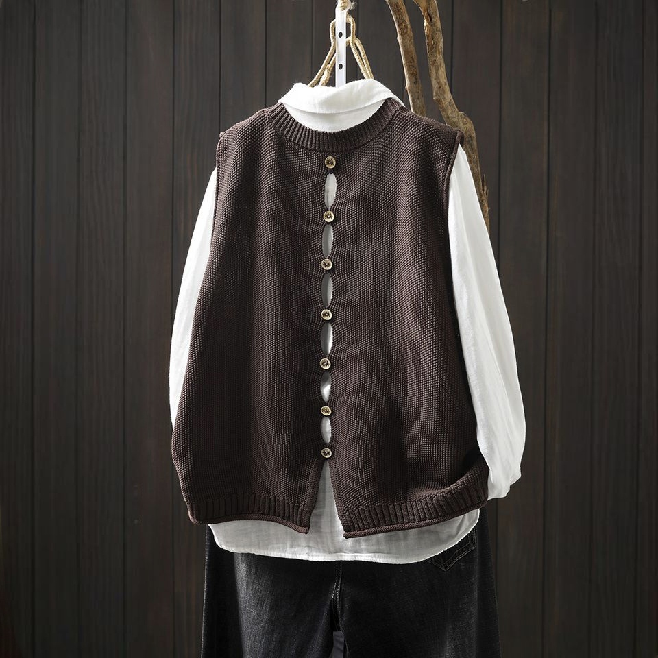 【單件/套裝】後背紐扣針織馬甲+寬鬆百搭襯衫疊穿兩件套裝-lululam