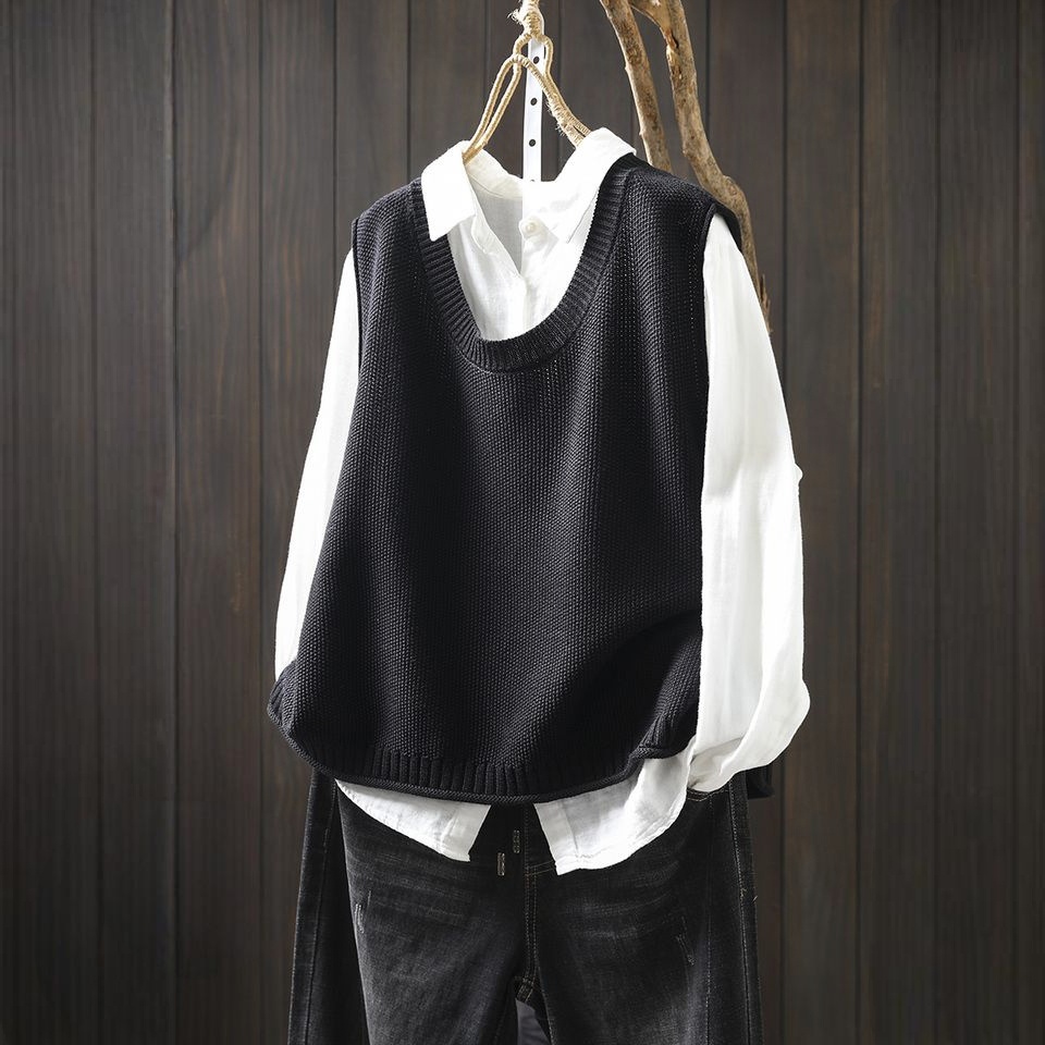 【單件/套裝】後背紐扣針織馬甲+寬鬆百搭襯衫疊穿兩件套裝-lululam