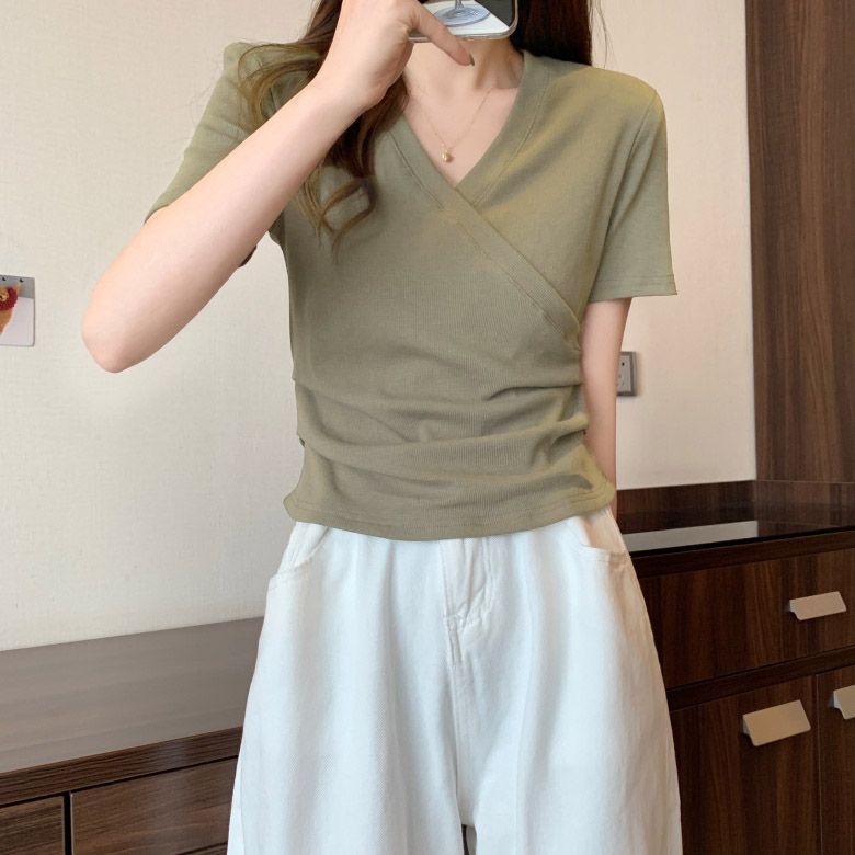 正肩純棉設計感交叉修身顯瘦短袖T恤-lululam