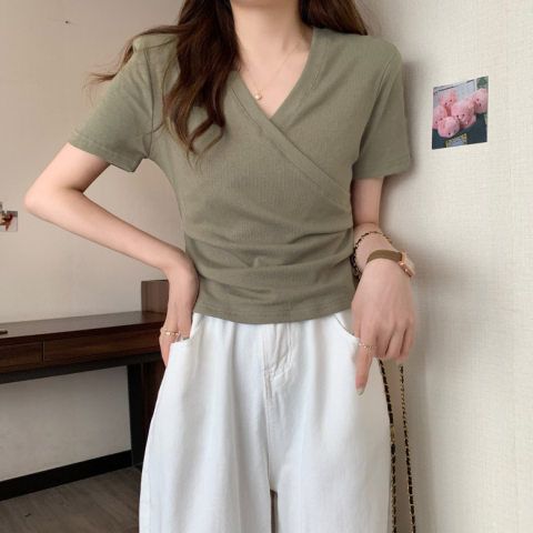 正肩純棉設計感交叉修身顯瘦短袖T恤-lululam