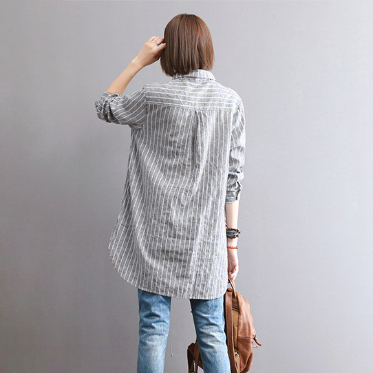 寬鬆中長款刺繡條紋長袖棉質娃娃領襯衫-lululam