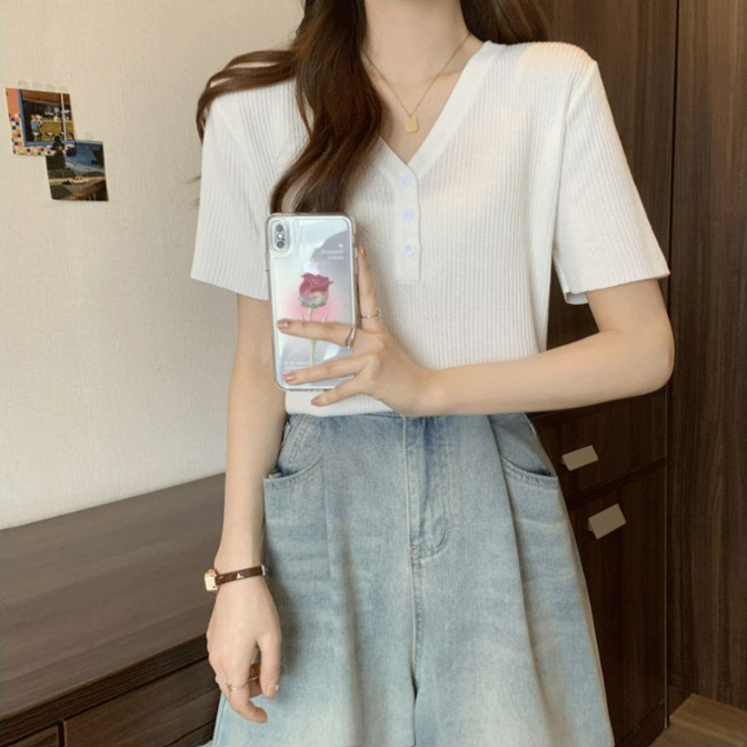 冰絲正肩寬鬆顯瘦遮肚子氣質V領短袖t恤-lululam