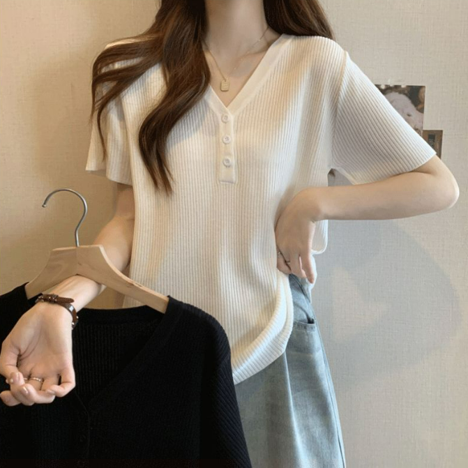 冰絲正肩寬鬆顯瘦遮肚子氣質V領短袖t恤-lululam