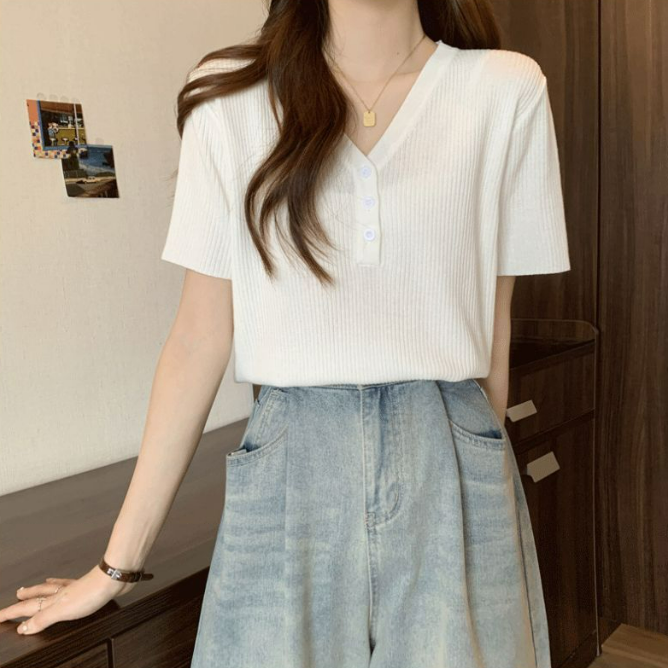 冰絲正肩寬鬆顯瘦遮肚子氣質V領短袖t恤-lululam