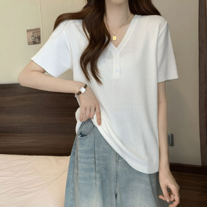 冰絲正肩寬鬆顯瘦遮肚子氣質V領短袖t恤-lululam
