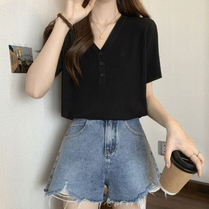 冰絲正肩寬鬆顯瘦遮肚子氣質V領短袖t恤-lululam