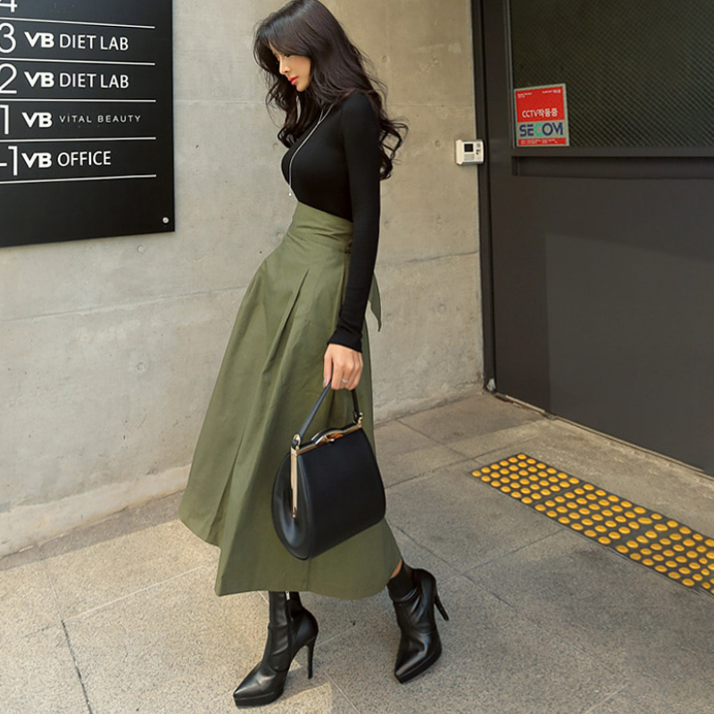 超火蝴蝶結傘裙修身束腰大裙擺A字半身裙-lululam