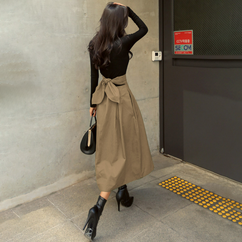 超火蝴蝶結傘裙修身束腰大裙擺A字半身裙-lululam