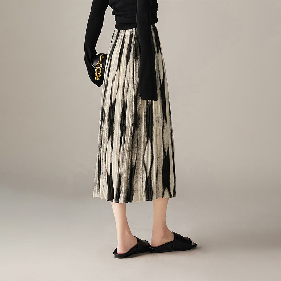 時尚高級感漸變暈染高腰中長裙鬆緊半身裙-lululam