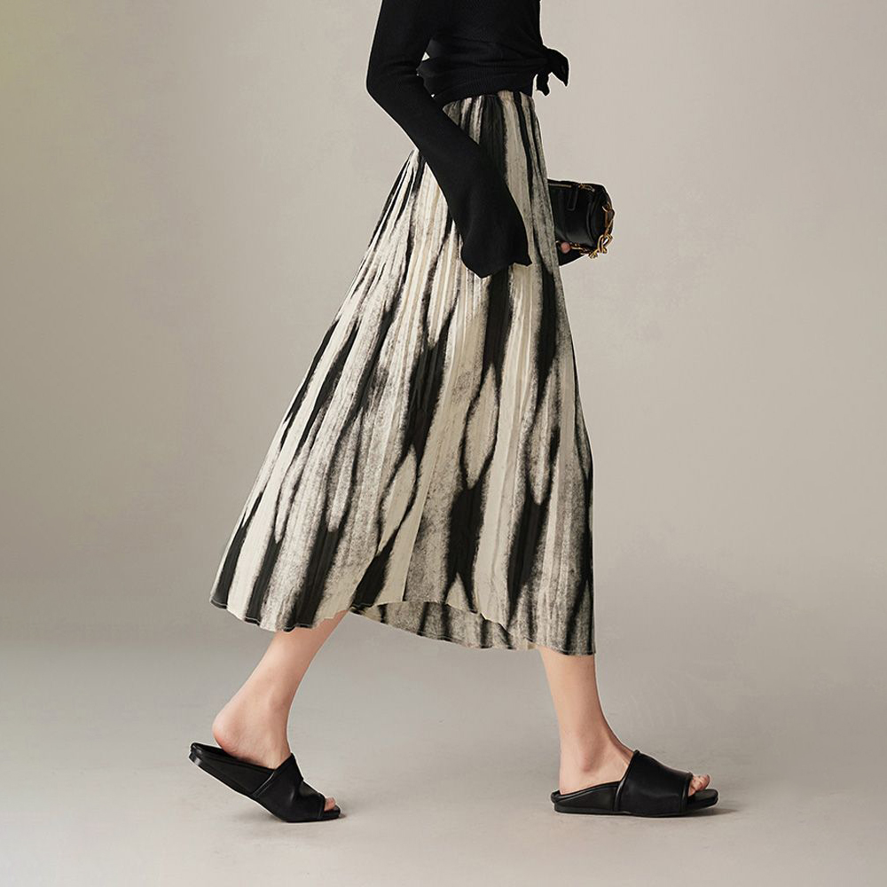 時尚高級感漸變暈染高腰中長裙鬆緊半身裙-lululam