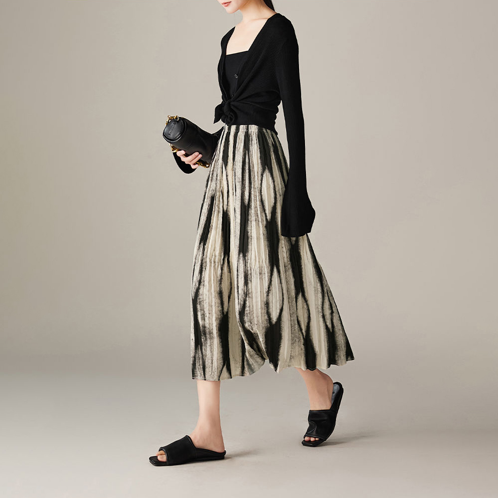 時尚高級感漸變暈染高腰中長裙鬆緊半身裙-lululam