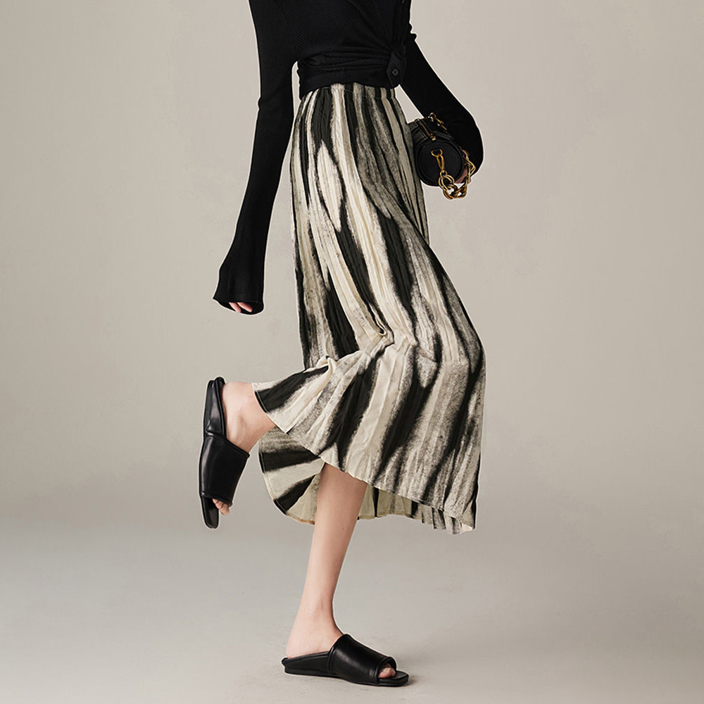 時尚高級感漸變暈染高腰中長裙鬆緊半身裙-lululam