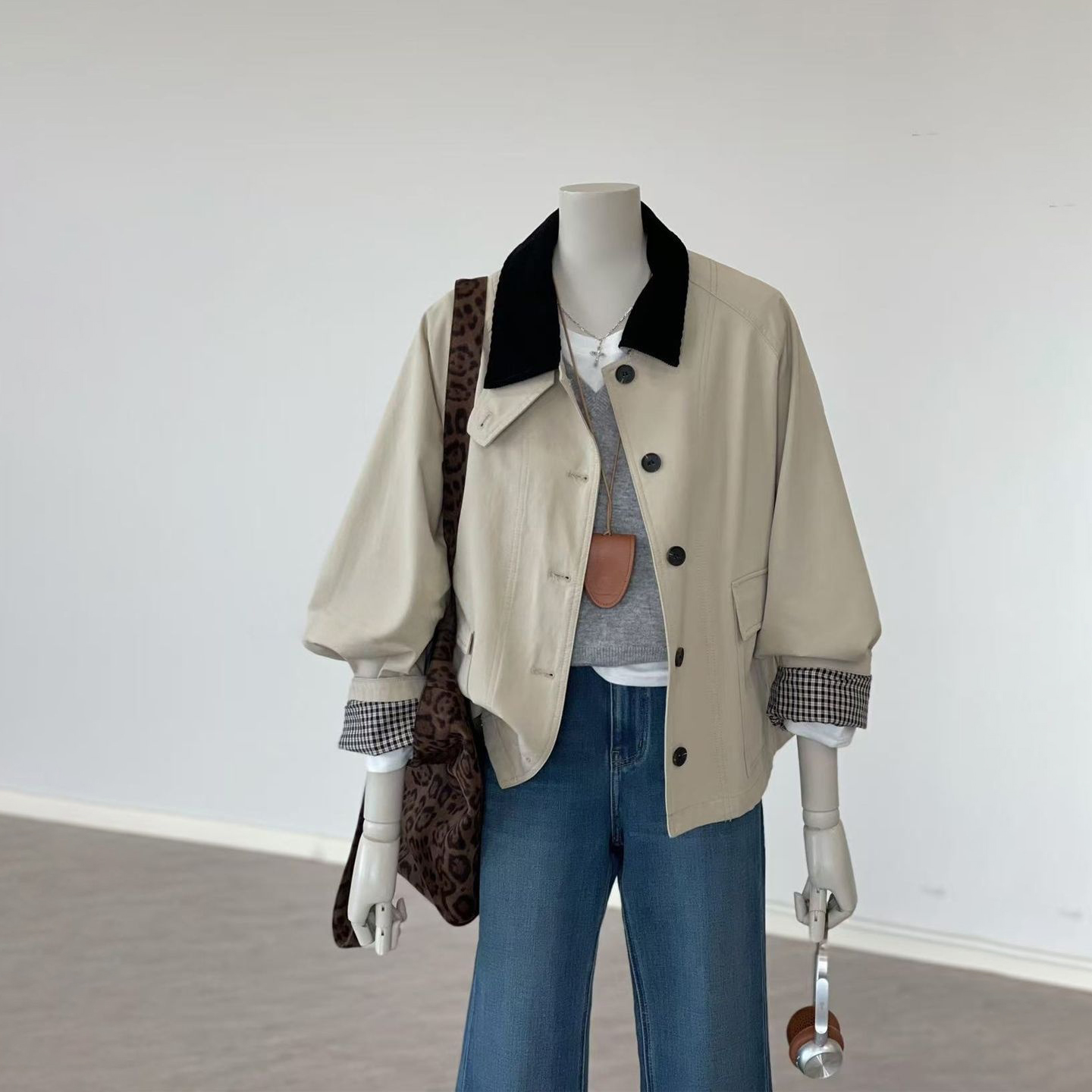 韓系復古小眾設計感撞色格紋拼接風衣外套-lululam