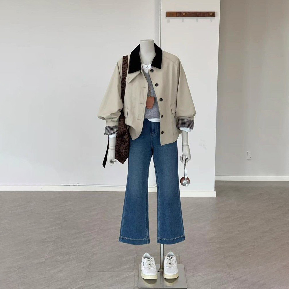 韓系復古小眾設計感撞色格紋拼接風衣外套-lululam