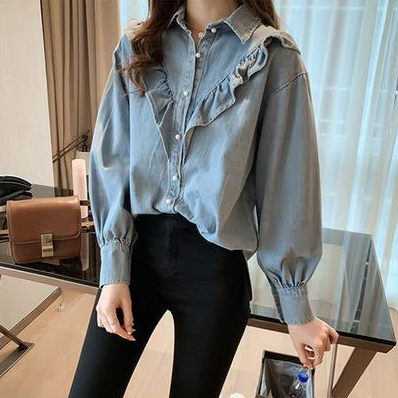 甜美荷葉邊大碼寬鬆顯瘦長袖牛仔襯衫-lululam