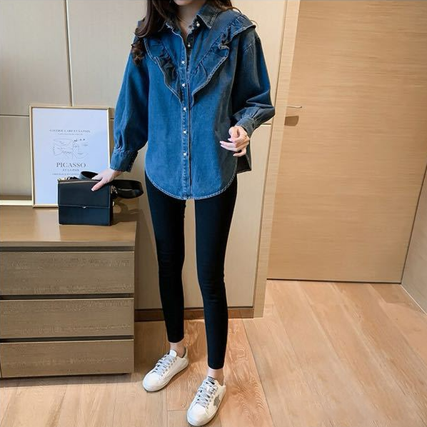 甜美荷葉邊大碼寬鬆顯瘦長袖牛仔襯衫-lululam