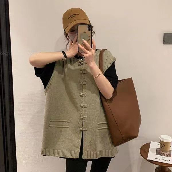 韓版慵懶風寬鬆無袖背心遮肉針織馬甲-lululam