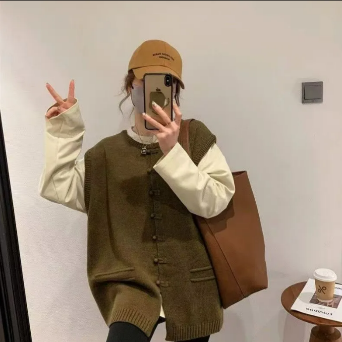 韓版慵懶風寬鬆無袖背心遮肉針織馬甲-lululam