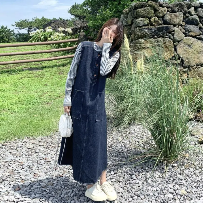 【單件/套裝】韓系條紋顯瘦上衣+復古牛仔背心洋裝兩件套-lululam