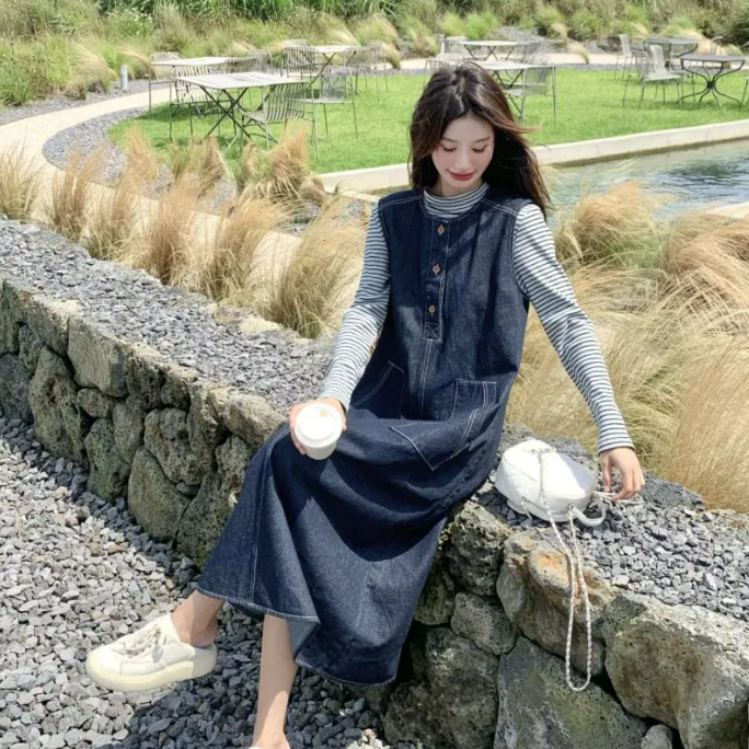 【單件/套裝】韓系條紋顯瘦上衣+復古牛仔背心洋裝兩件套-lululam