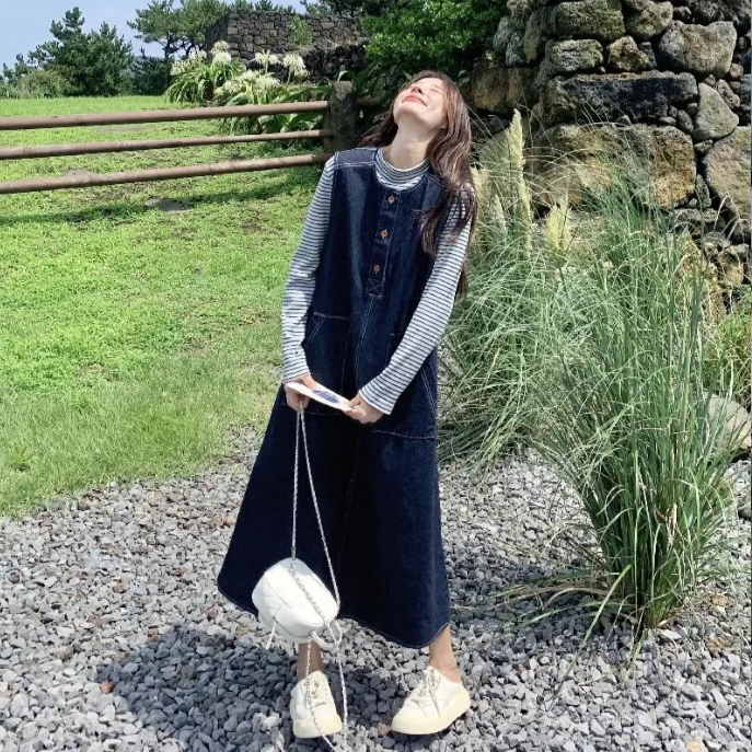 【單件/套裝】韓系條紋顯瘦上衣+復古牛仔背心洋裝兩件套-lululam