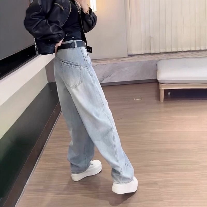 寬鬆高腰直筒顯瘦大碼復古彎刀闊腿牛仔褲-lululam