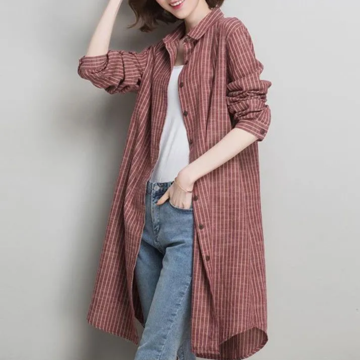 韓版寬鬆外搭開衫長袖經典條紋襯衫-lululam