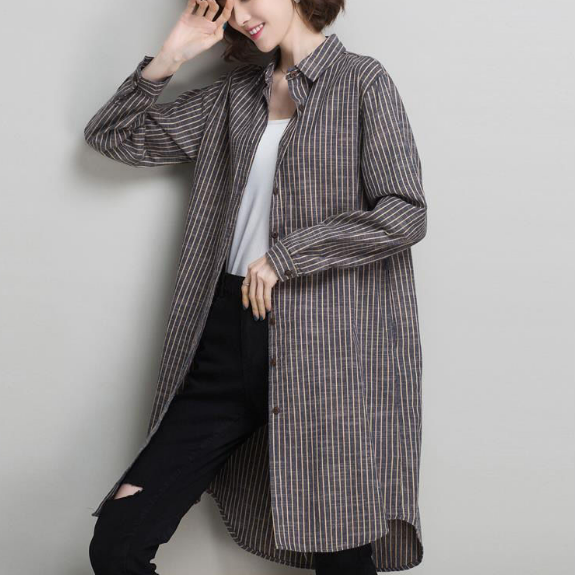 韓版寬鬆外搭開衫長袖經典條紋襯衫-lululam