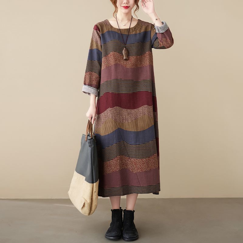 文藝洋氣復古亞麻條紋拼接棉麻洋裝-lululam