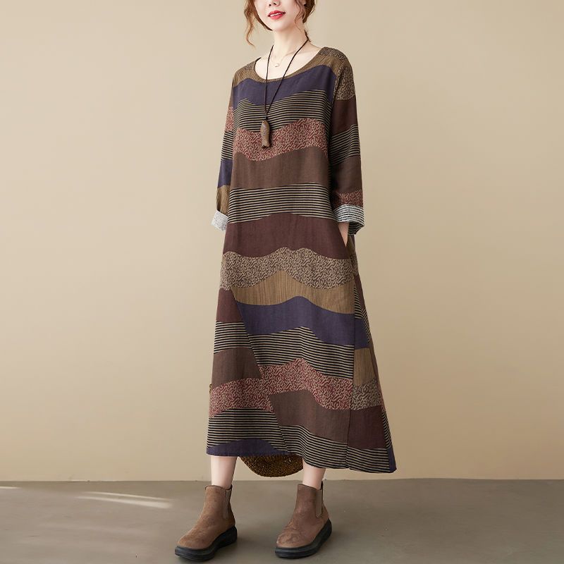 文藝洋氣復古亞麻條紋拼接棉麻洋裝-lululam