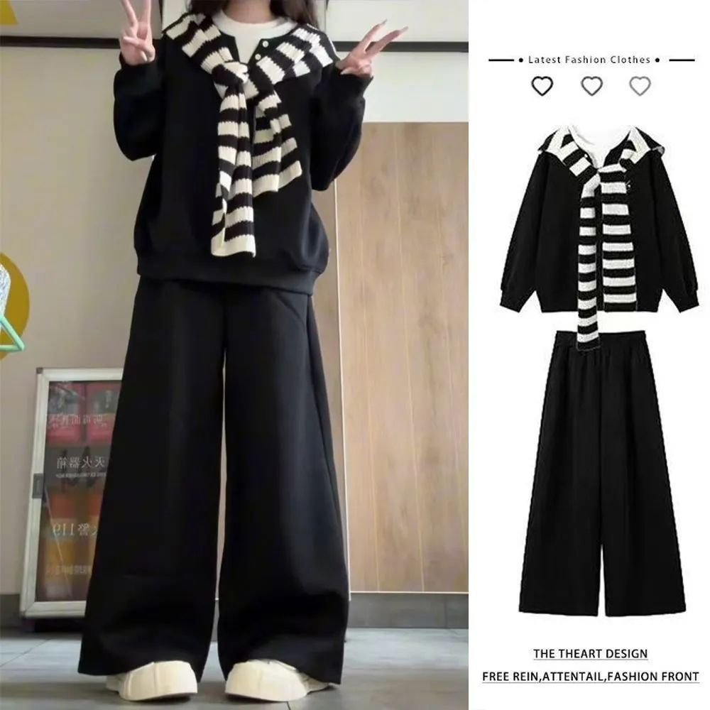 【單件/套裝】條紋披肩+慵懶風衛衣+闊腿褲三件套裝-lululam