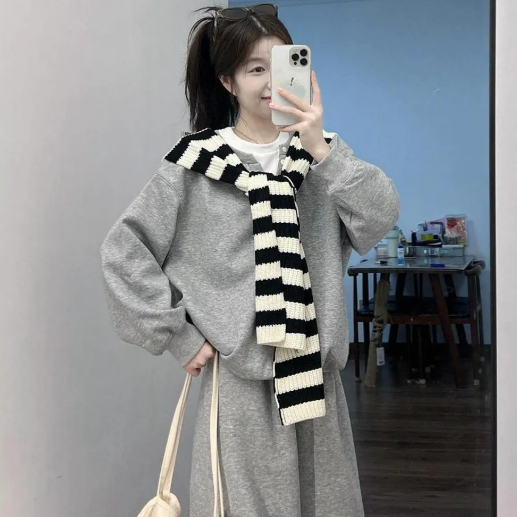 【單件/套裝】條紋披肩+慵懶風衛衣+闊腿褲三件套裝-lululam