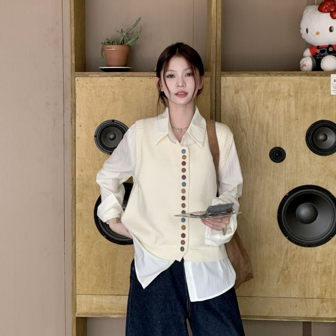 【單件/套裝】彩虹紐扣針織馬甲+通勤遮肉長袖襯衫兩件套-lululam