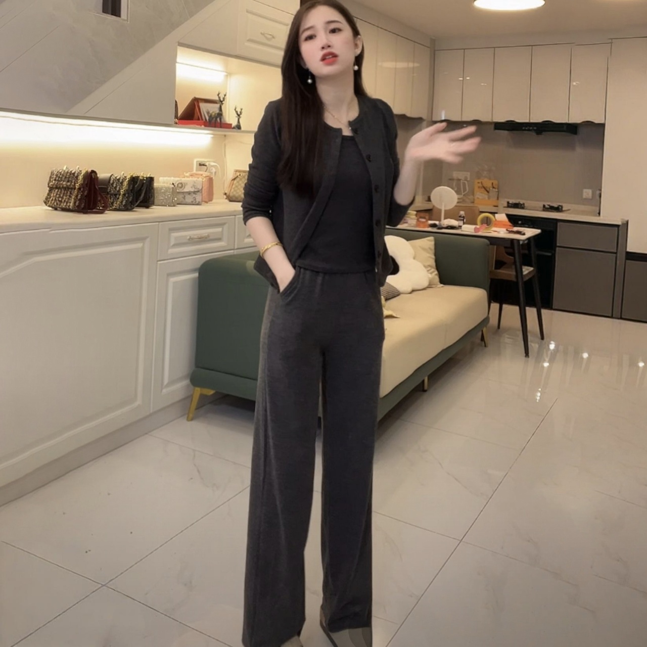 【單件/套裝】高級感韓系氣質針織開衫+吊帶+半身裙/褲子三件套-lululam