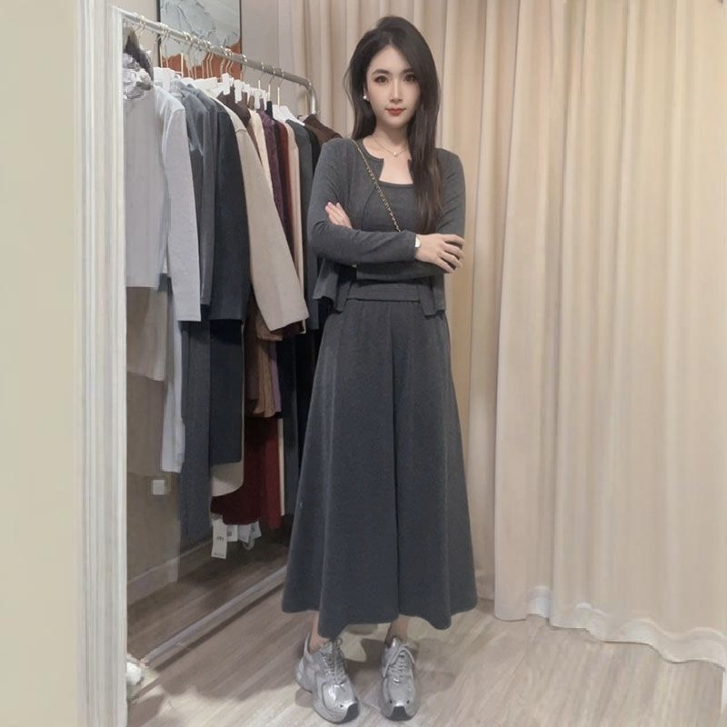 【單件/套裝】高級感韓系氣質針織開衫+吊帶+半身裙/褲子三件套-lululam