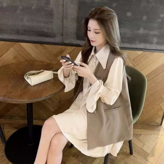 【單件/套裝】寬鬆馬甲+顯瘦洋氣襯衫百褶洋裝套裝-lululam