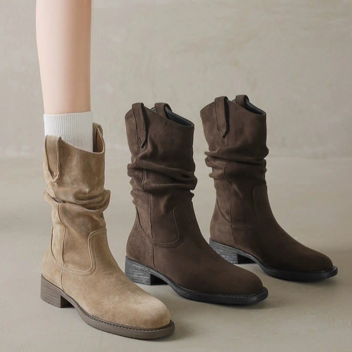 美拉德復古中筒牛仔堆堆短靴粗跟馬丁靴-lululam